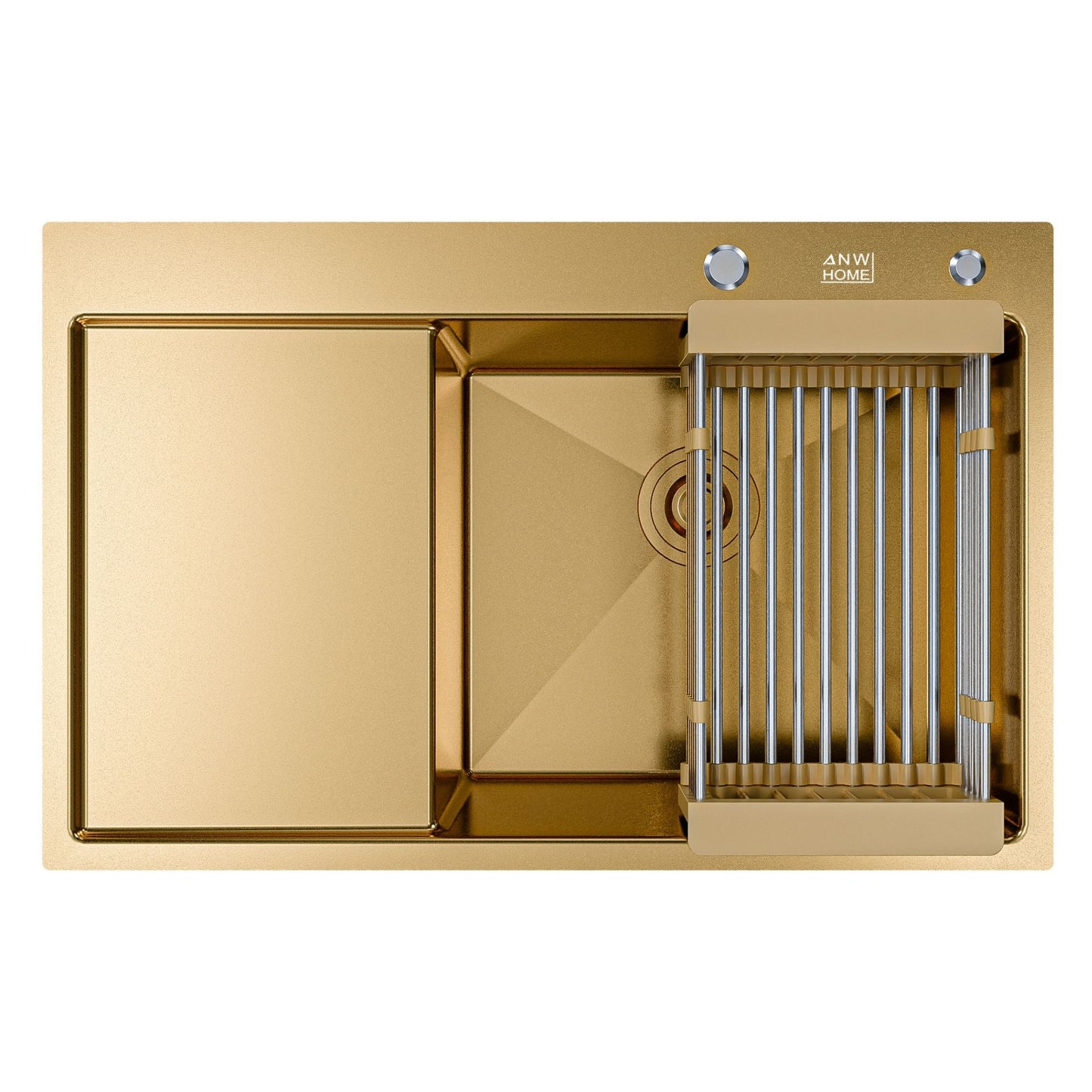 ANW HOME Evier Cuisine 1 Bac avec Égouttoir, Evier Inox à Encastrer 304, 78x50 cm, Or PVD, Finition Nano, Épaisseur 3,0+1 mm