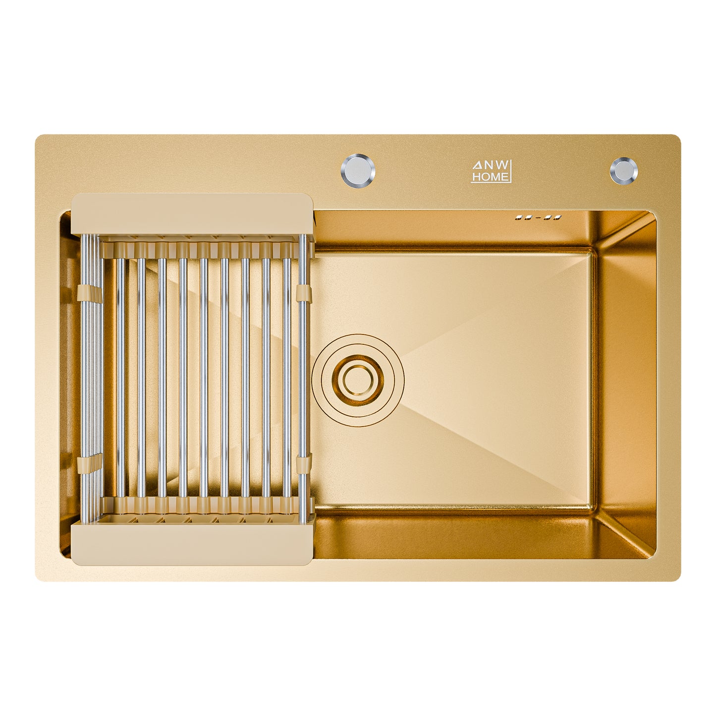 ANW HOME chiuvetă de bucătărie 65x45 cm, chiuvetă din oțel inoxidabil, cu o singură cuvă, montaj pe blat, finisaj auriu PVD cu strat nano, grosime 3,0+1 mm, cu sifon, dozator de detergent și coș