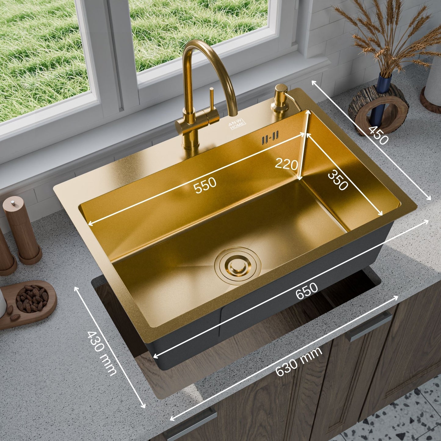 ANW HOME chiuvetă de bucătărie 65x45 cm, chiuvetă din oțel inoxidabil, cu o singură cuvă, montaj pe blat, finisaj auriu PVD cu strat nano, grosime 3,0+1 mm, cu sifon, dozator de detergent și coș