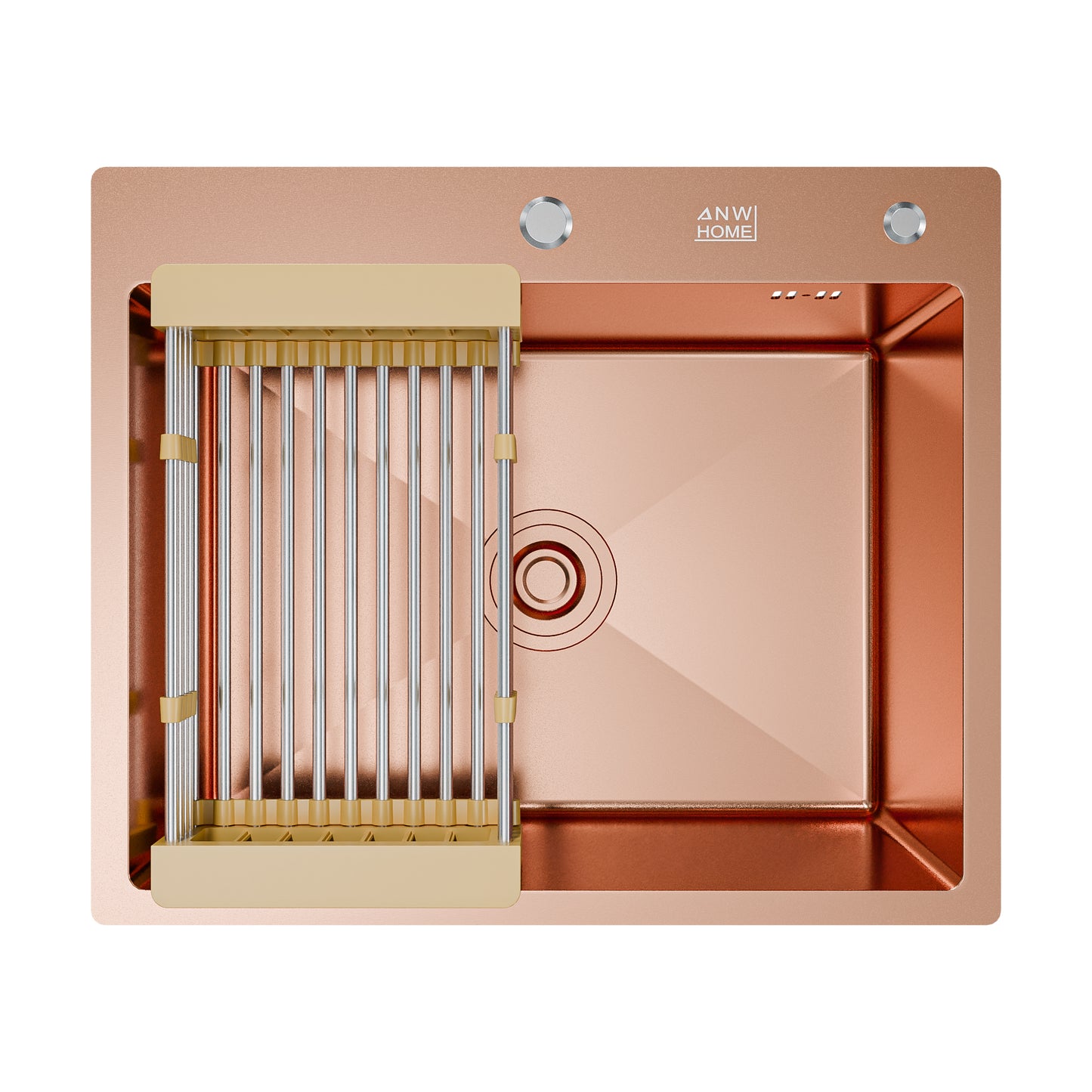 ANW HOME Spülbecken Küchenspüle 60x50 cm, Einbauspüle Edelstahl in Roségold PVD,  mit Nano-Beschichtung, Stärke 3,0+1 mm, mit Siphon Seifenspender und Korb