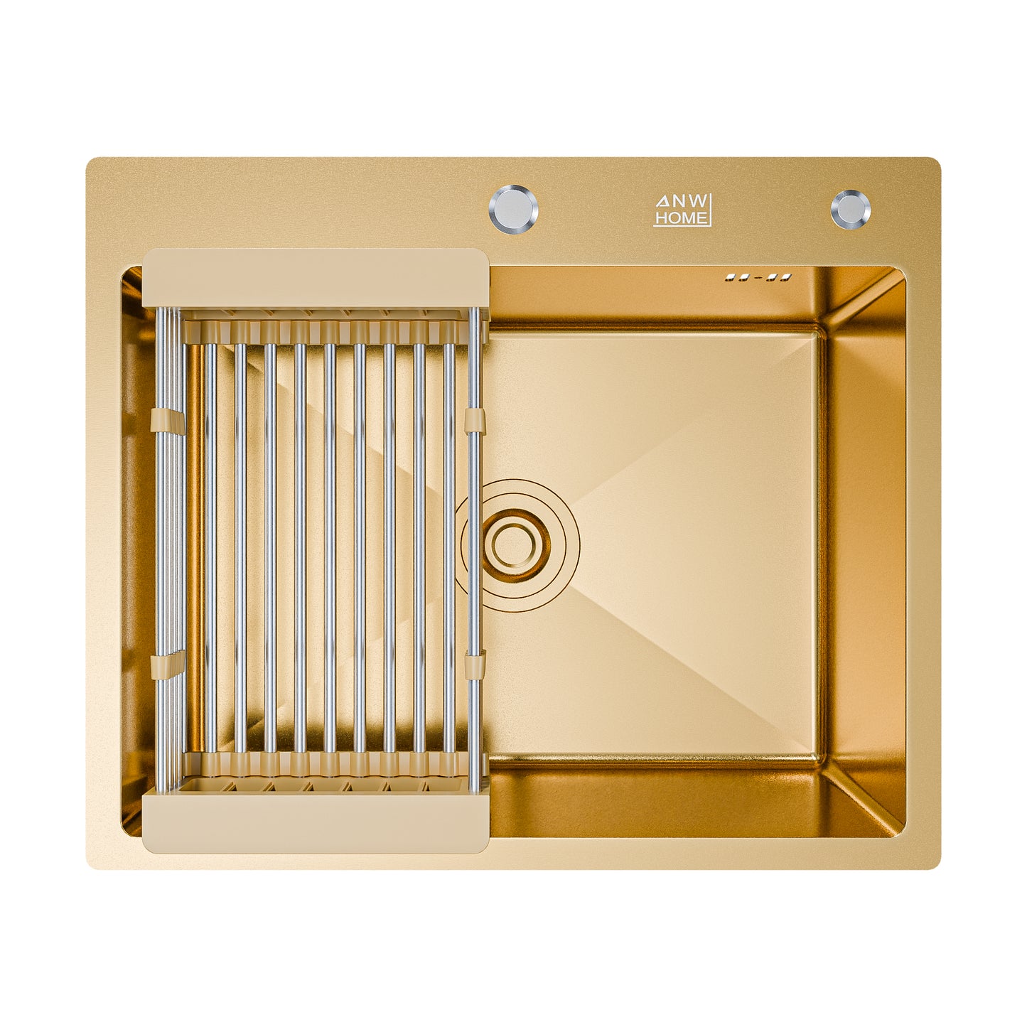 ANW HOME kuchyňský dřez, jednodřez, nerezový dřez 60x50 cm, horní montáž / inset, Gold PVD, nano povrch, tloušťka 3,0+1 mm, se sifonem, dávkovačem saponátu a košíkem