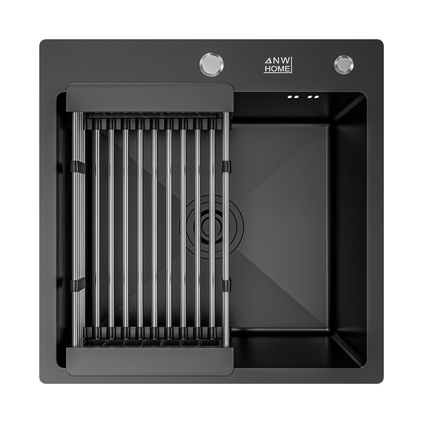 ANW HOME Kitchen Sink Stainless Steel, Single Bowl Kitchen Sink 50x50 cm, Black, Topmount, Nano-Coated, Thickness 3.0/1 mm, 22 cm Deep, with Siphon, Soap Dispenser and Basket