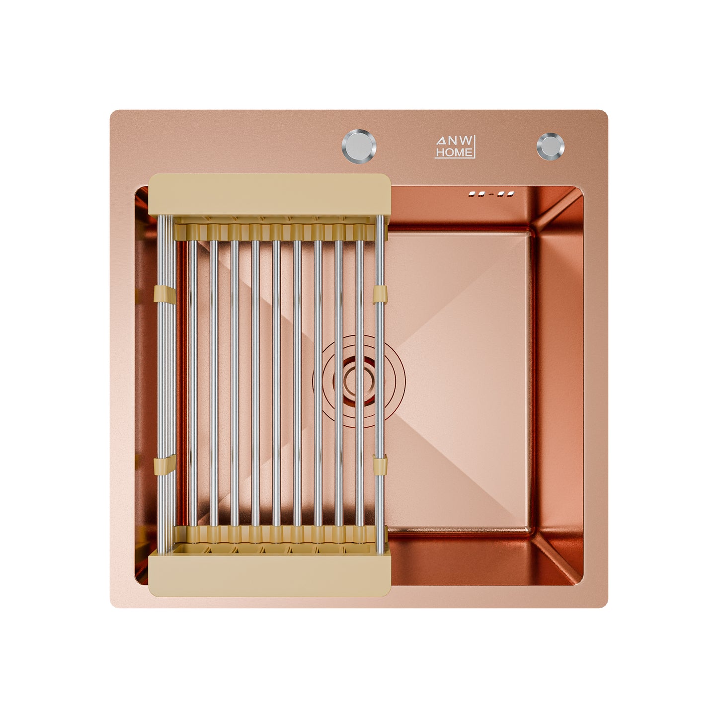 ANW HOME Kitchen Sink, Single Bowl Stainless Steel Sink 50x50 cm, Topmount, Rose Gold PVD, 22 cm Depth, Thickness 3.0+1 mm, Nano-Coating Finish, with Siphon, Soap Dispenser and Basket
