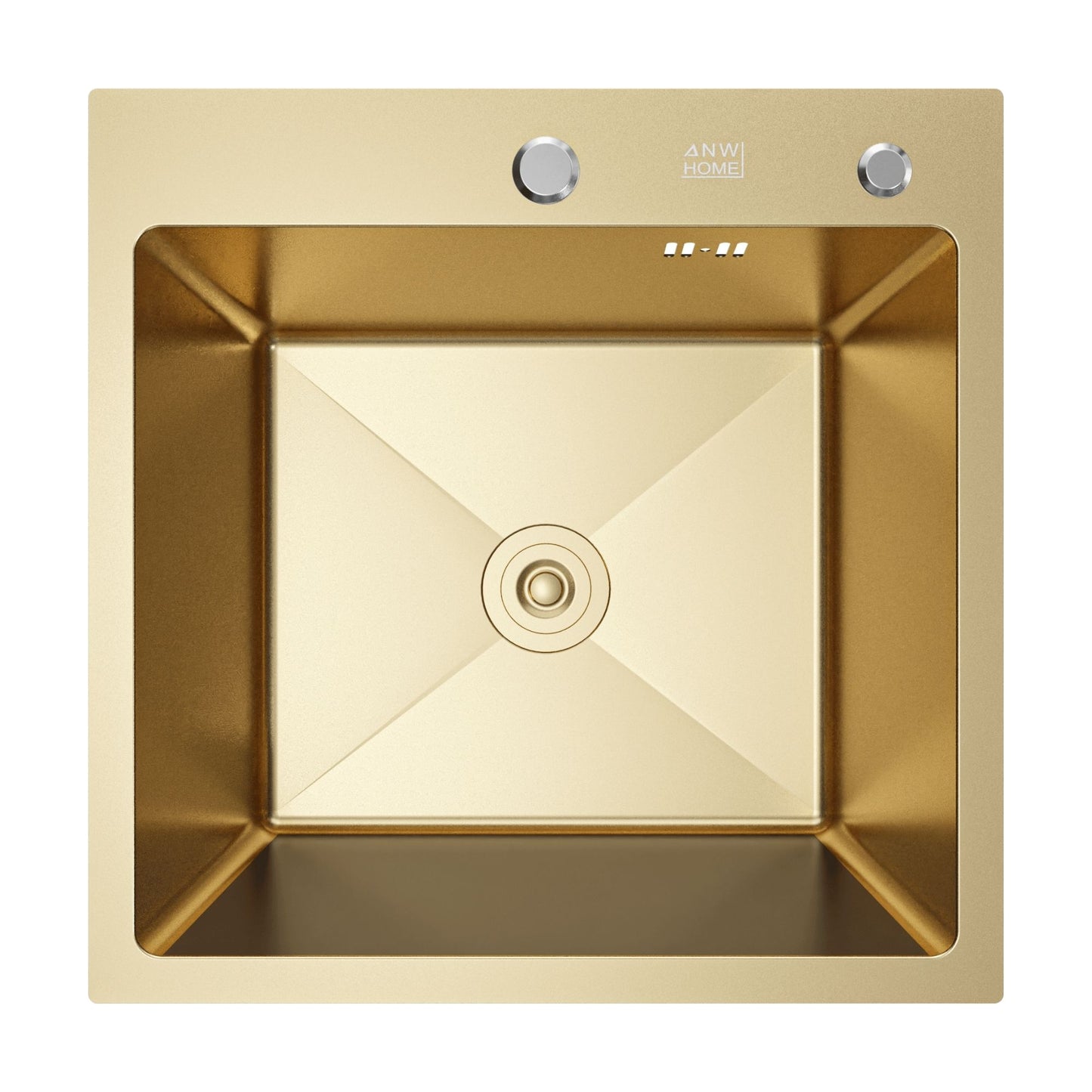 ANW HOME Kitchen Sink, Single Bowl Stainless Steel Sink 50x50 cm, Topmount, Gold PVD, 22 cm Depth, Thickness 3.0+1 mm, Nano-Coating Finish, with Siphon, Soap Dispenser and Basket
