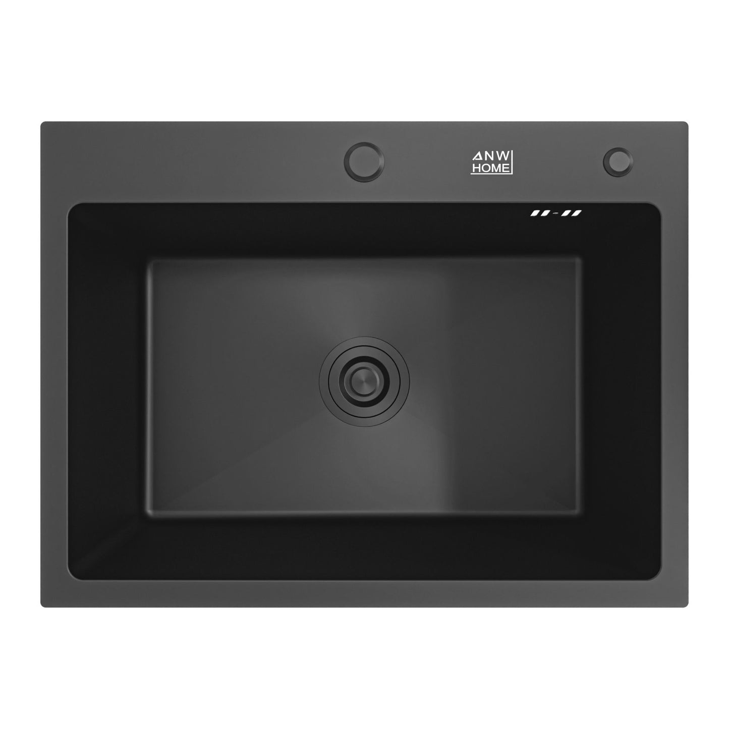 ANW HOME Kitchen Sink 60x45 cm, Stainless Steel Sink, Single Bowl Topmount in Black with Nano-Coated Surface, Thickness 3.0+1 mm, with Siphon Soap Dispenser and Basket