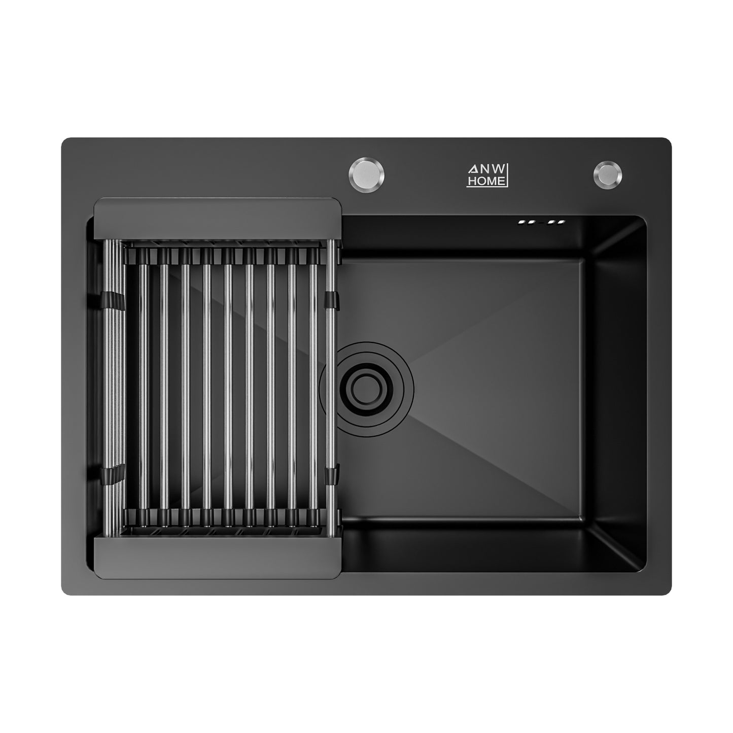 ANW HOME kuchyňský dřez 60x45 cm, nerezový dřez, jednodřez pro horní montáž v černém provedení s nano povrchem, tloušťka 3,0+1 mm, se sifonem, dávkovačem saponátu a košíkem