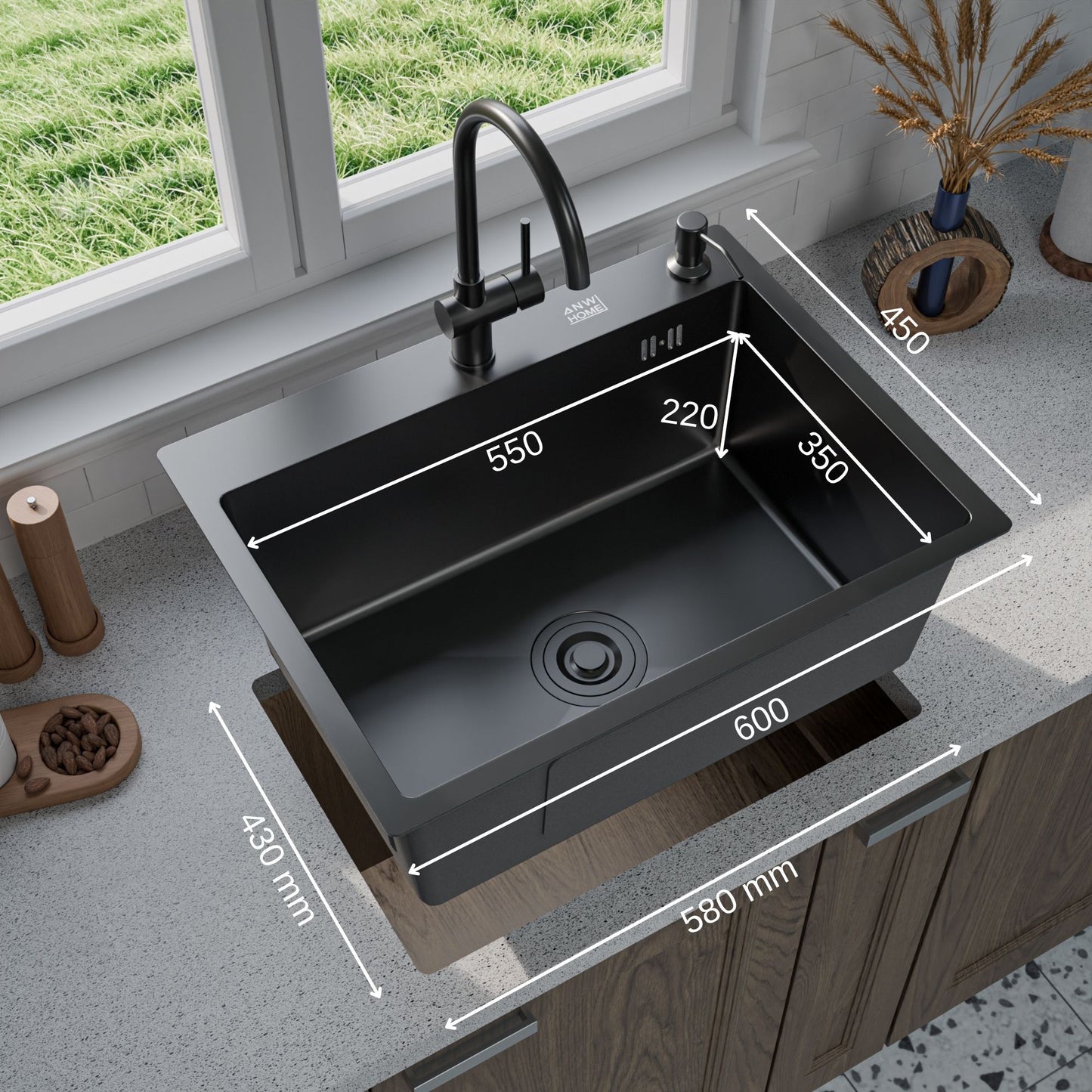 ANW HOME Kitchen Sink 60x45 cm, Stainless Steel Sink, Single Bowl Topmount in Black with Nano-Coated Surface, Thickness 3.0+1 mm, with Siphon Soap Dispenser and Basket