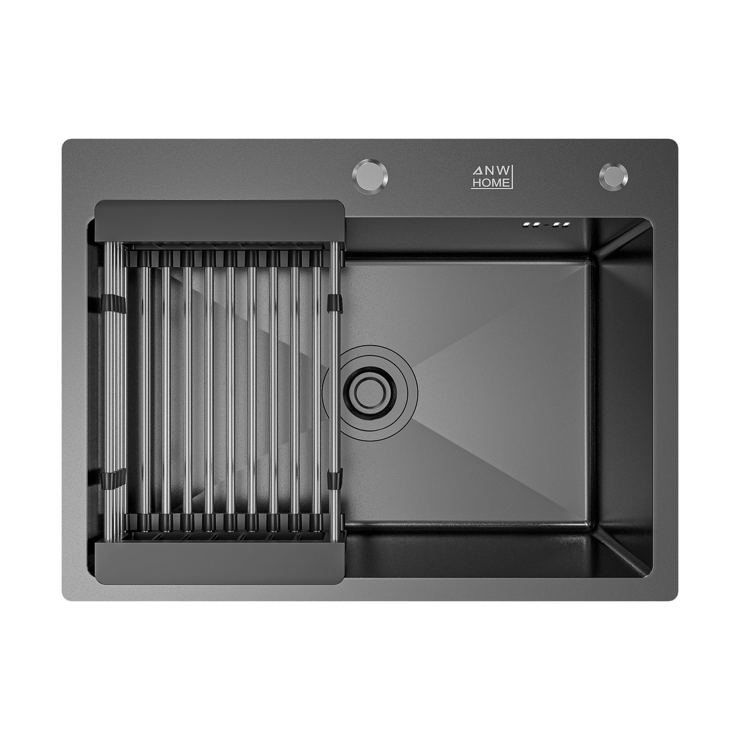 ANW HOME Spülbecken Küchenspüle Einbauspüle 60x45 cm, Edelstahl Spülbecken , Graphit PVD mit Nano-Beschichtung, Stärke 3,0+1 mm, mit Siphon Seifenspender und Korb