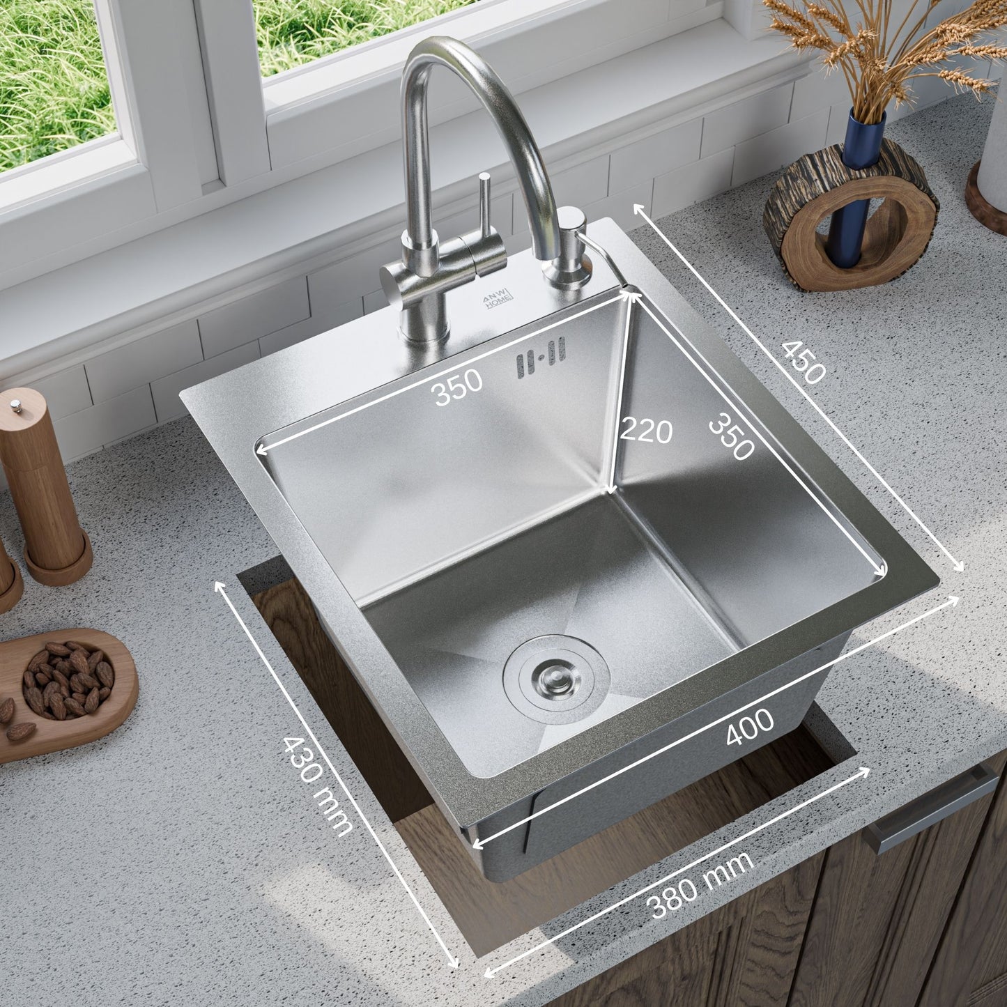 ANW HOME Spülbecken, Küchenspüle aus Edelstahl, 40x45 cm, Einbauspüle 1 Becken, mit Nano-Beschichtung, Stärke 3.0+1 mm, mit Siphon und Seifenspender