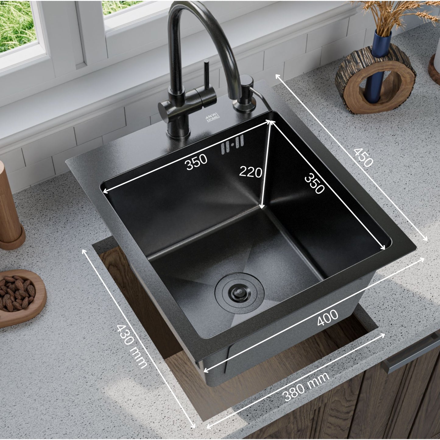 ANW HOME Spülbecken Küche 40x45 cm, Küchenspüle 1 Becken, Einbauspüle , 304 Edelstahl, Graphit PVD, mit Nano-Beschichtung, Materialstärke 3,0+1 mm, mit Siphon und Seifenspender