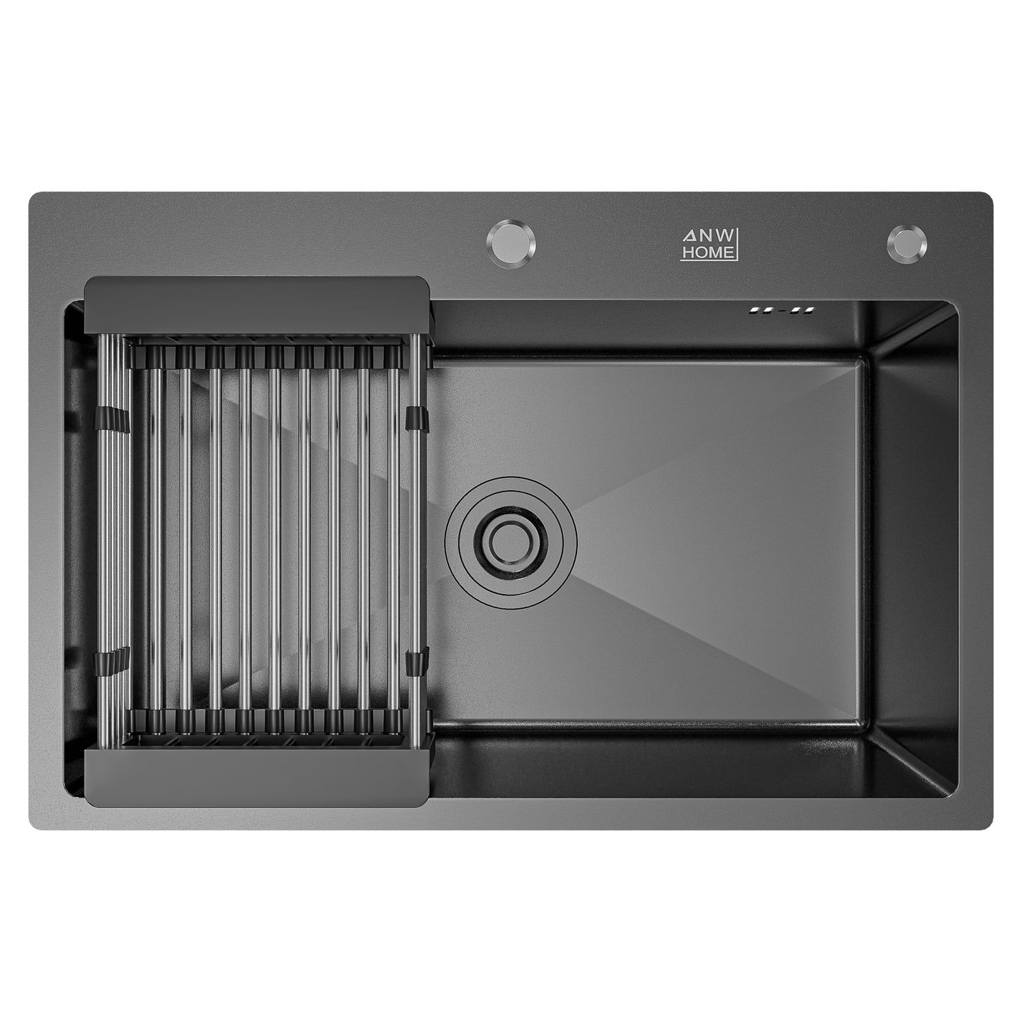 ANW HOME Küchenspüle Edelstahl 304 Spülbecken Einbauspüle 1 Becken ohne Abtropffläche 68x45 cm Graphit PVD Nano-Beschichtung Stärke 3,0/1 mm Tiefe 22 cm mit Siphon, Seifenspender und Korb