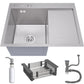 ANW HOME Kitchen Sink, Stainless Steel, Single Bowl Kitchen Sink with Drainer, Inset 63x50 cm, Silver, Nano Finish, Thickness 3.0+1 mm, 22 cm Deep, with Siphon, Soap Dispenser and Basket