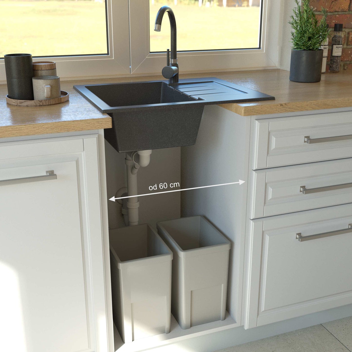 kitchen with graphite black kitchen sink with sizes