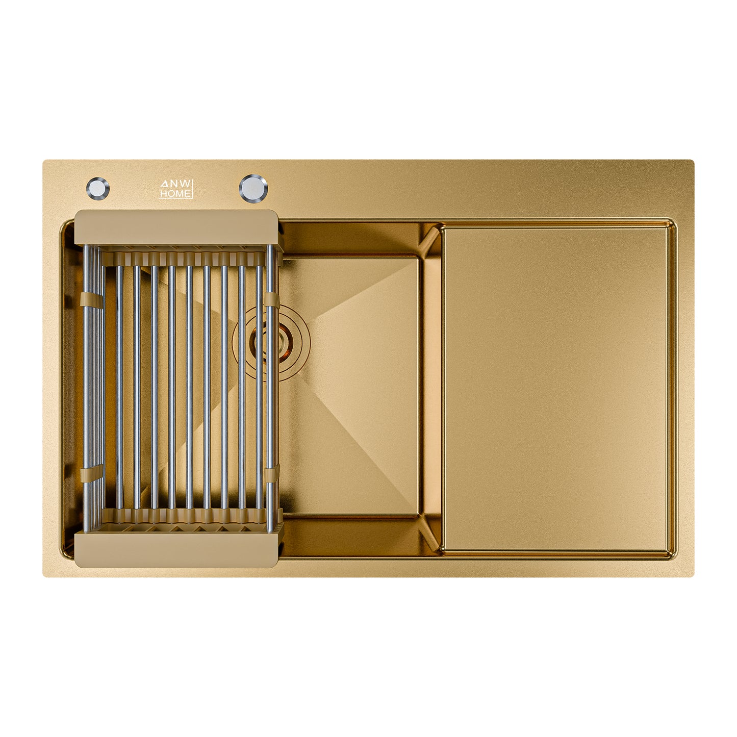 ANW HOME Spülbecken Küchenspüle Einbauspüle 1 Becken mit Abtropffläche Edelstahl 304 78x50 cm Gold PVD Nano-Beschichtung Stärke 3,0+1 mm mit Siphon, Seifenspender und Korb