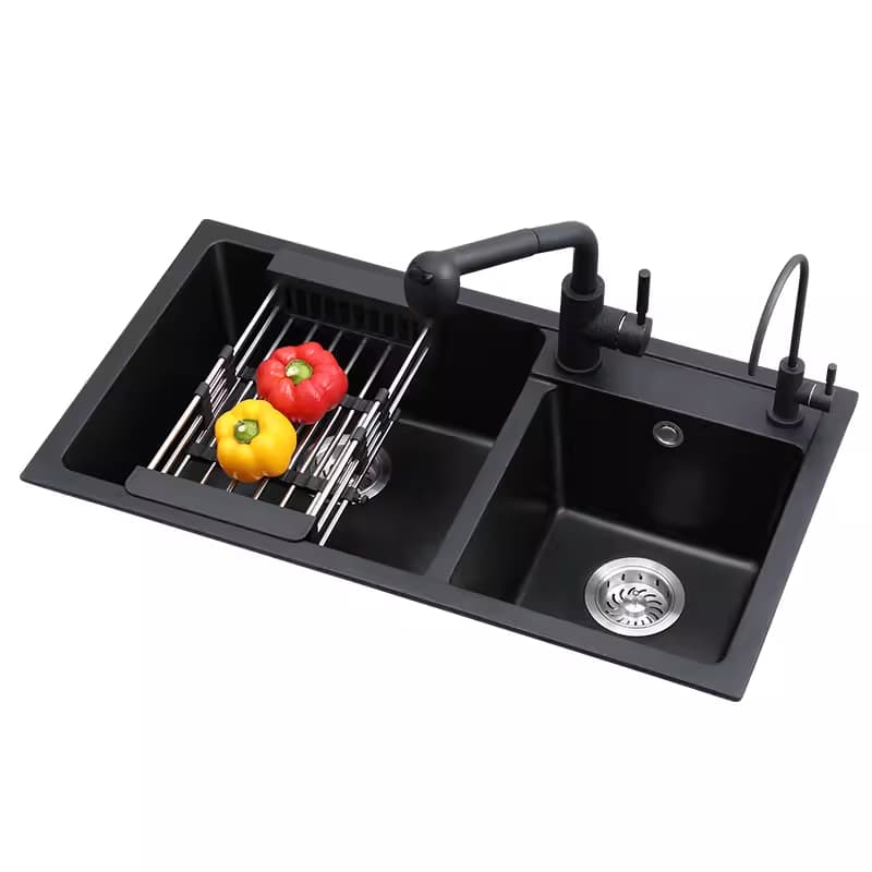 Virtuves izlietne Divdaļīga granīta izlietne Black 81x45 + sifons