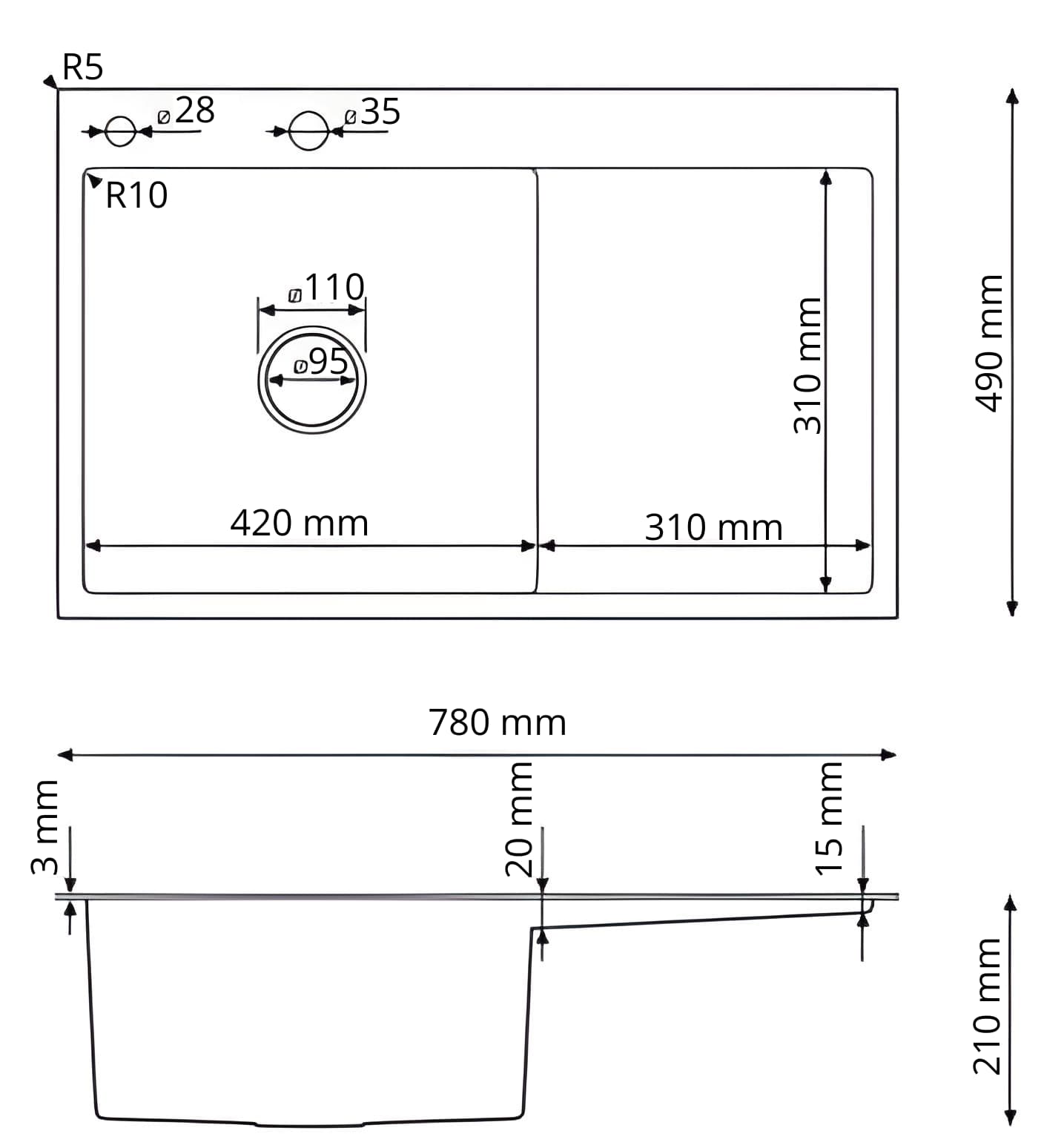 Single bowl sink with drainboard 78x50L Gold with accessories