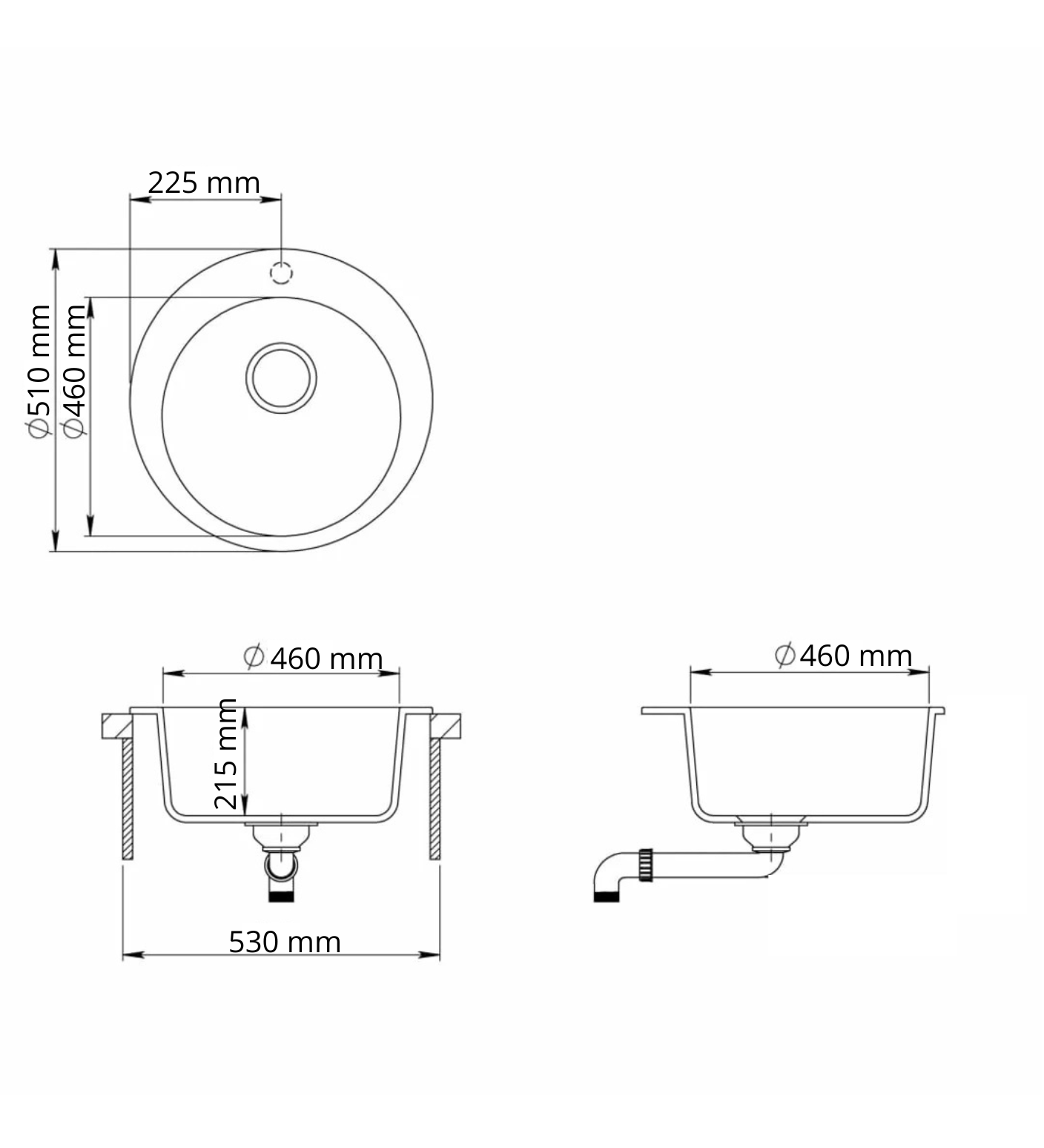 Kitchen sink granite round Black 51x51 siphon