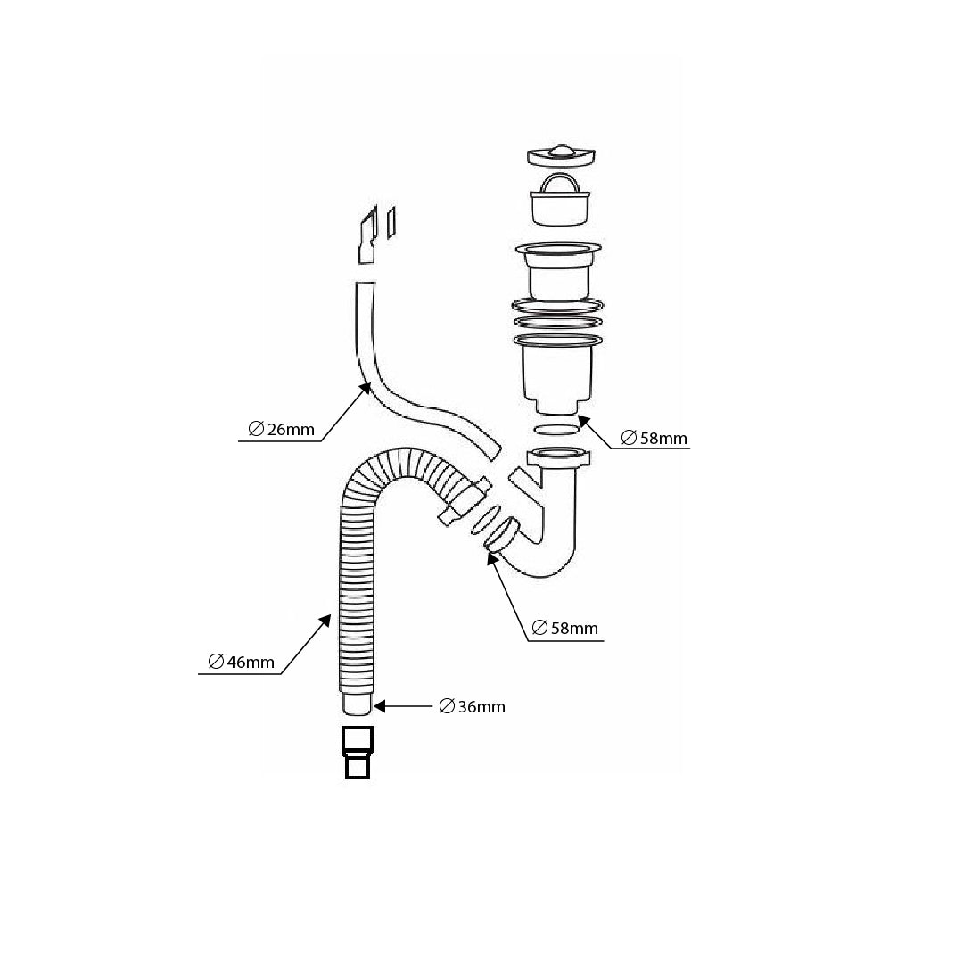 syfon sink drain with an attached hose to drain water into a bucket or sink with all dimensions