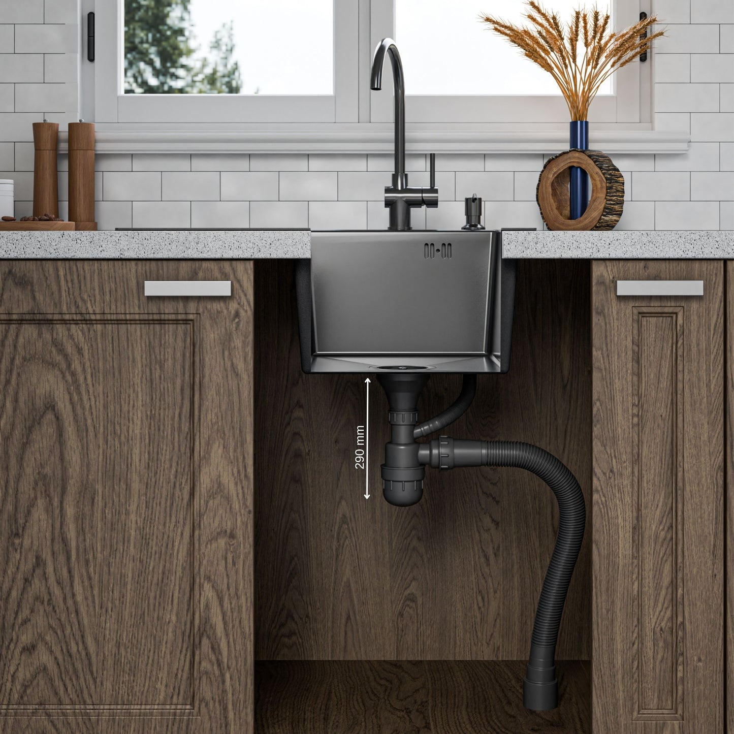 ANW HOME Kitchen Sink, Stainless Steel, Single Bowl Kitchen Sink with Drainer, Inset 63x50 cm, Silver, Nano Finish, Thickness 3.0+1 mm, 22 cm Deep, with Siphon, Soap Dispenser and Basket