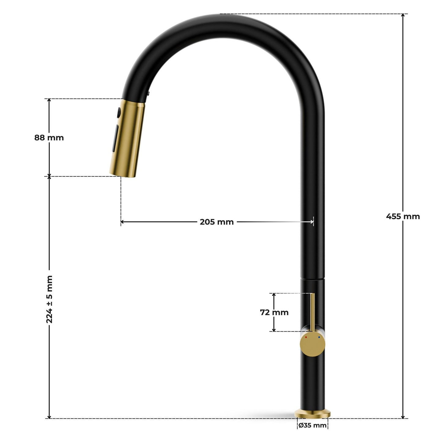 ANW HOME High-Arc Black & Gold Kitchen Faucet with Pull-Out Spout and 360° Rotation – 455 mm