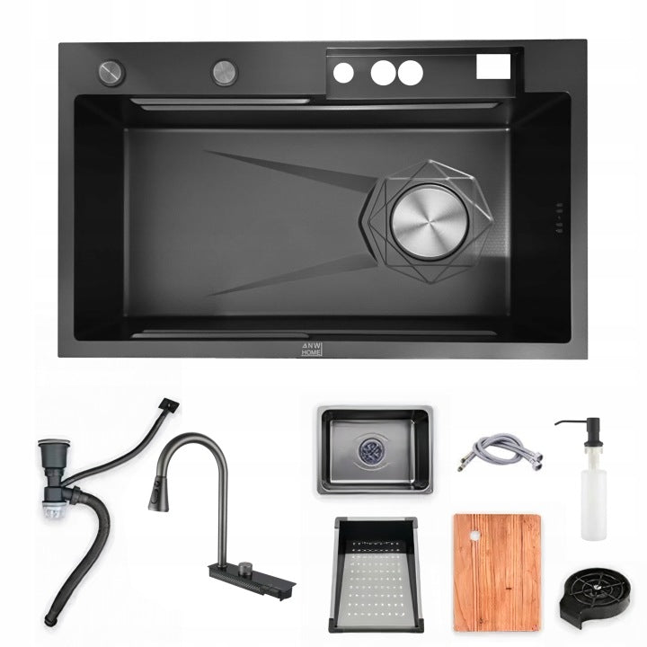 ANW HOME nerezový kuchyňský dřez 75x46 cm, jednodřez s vodopádovou baterií, LED displejem, spodní montáž, malá dřezová sestava pro moderní kuchyně, černé PVD grafitové provedení