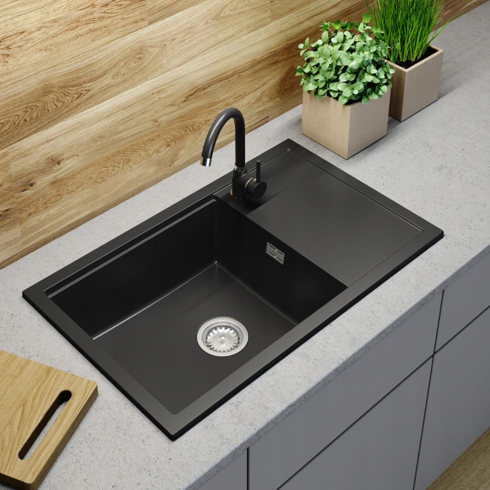 grey kitchen with graphite black kitchen sink 80x50