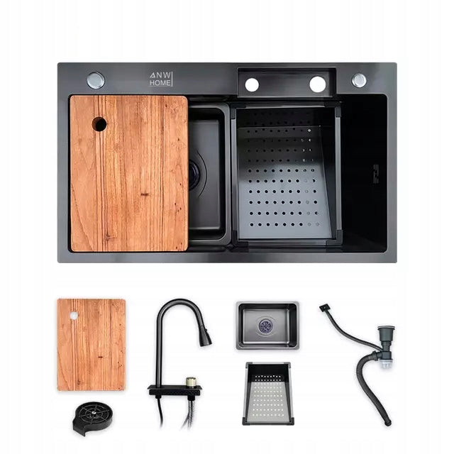 ANW HOME Küchenspüle Einbauspüle, Spülbecken 1 Becken Multifunktion aus 304 Edelstahl, 75x45 cm, Graphit PVD, Nano Anti-Kratz, 3/1 mm, 23 cm Tief, mit Wasserfallhahn