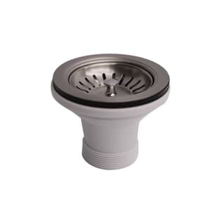 a stainless steel strainer with a durable construction designed for long-lasting use in a kitchen sink