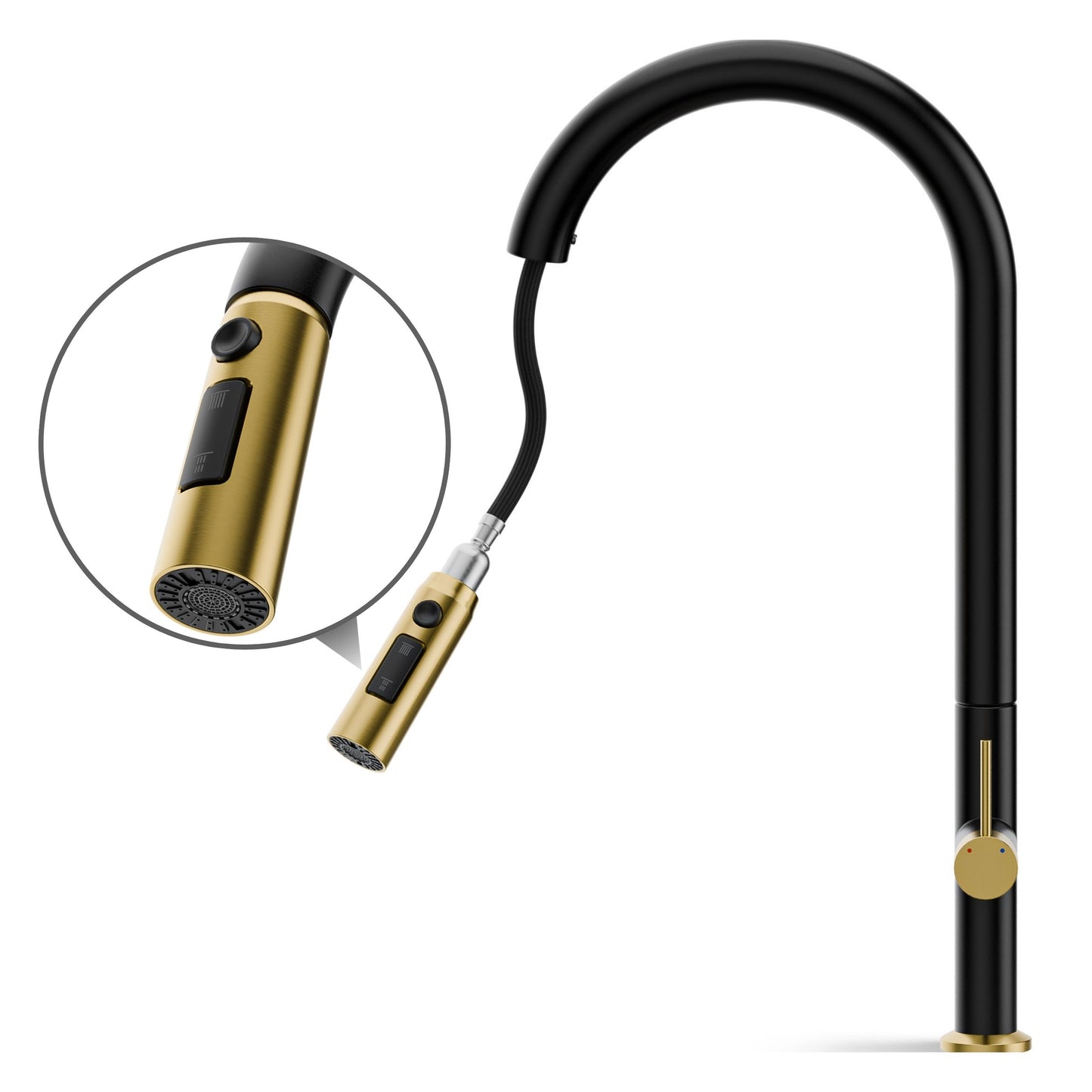 ANW HOME High-Arc Black & Gold Kitchen Faucet with Pull-Out Spout and 360° Rotation – 455 mm