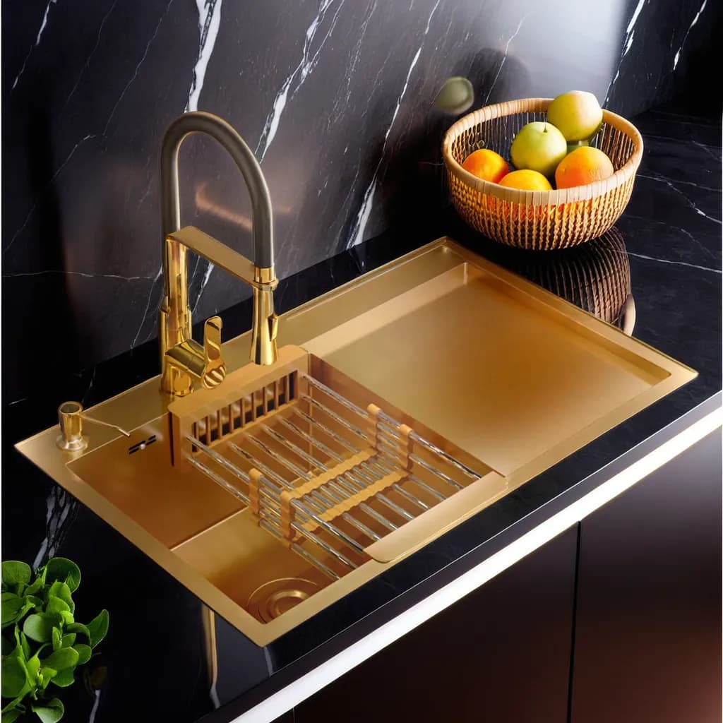 Single bowl sink with drainboard 78x50L Gold with accessories