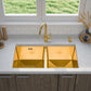 ANW HOME Fregadero Cocina 2 Senos Bajo Encimera, Fregadero Acero Inoxidable 304 Oro PVD 80x45 cm, Sin Escurridor, Acabado Con Nanorrevestimiento, Grosor 3.0+1 mm, Con Sifón