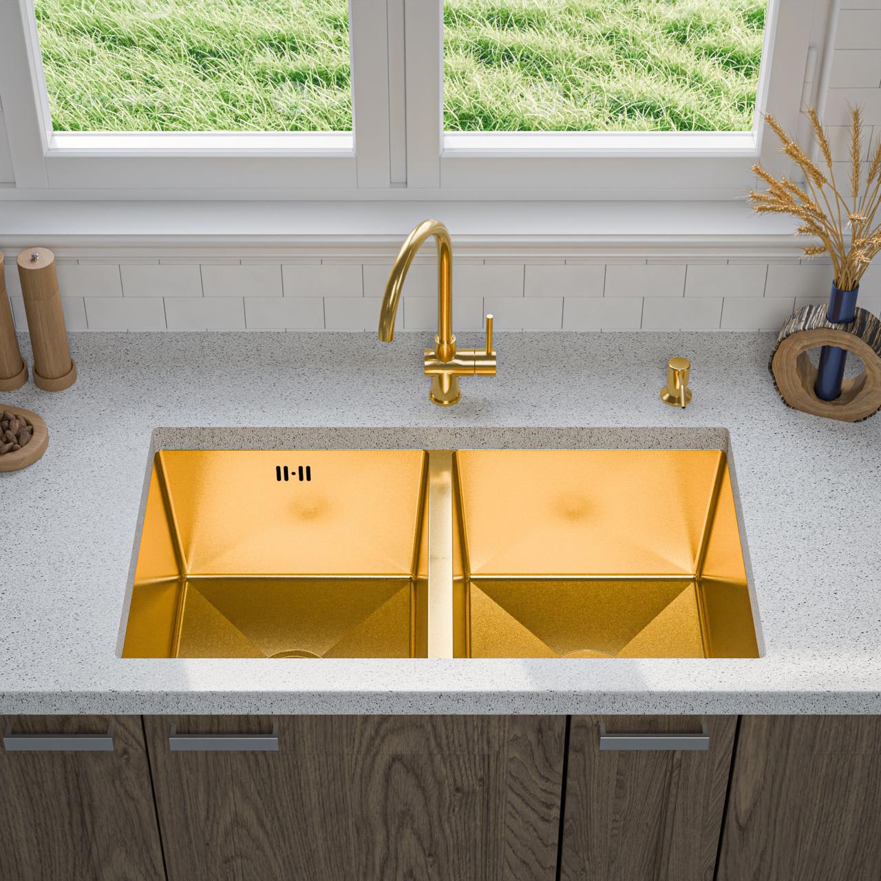 ANW HOME Fregadero Cocina 2 Senos Bajo Encimera, Fregadero Acero Inoxidable 304 Oro PVD 80x45 cm, Sin Escurridor, Acabado Con Nanorrevestimiento, Grosor 3.0+1 mm, Con Sifón