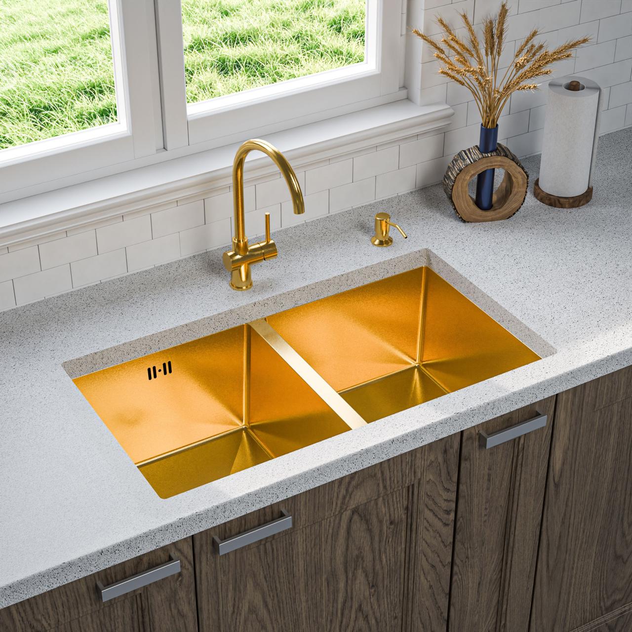 ANW HOME Fregadero Cocina 2 Senos Bajo Encimera, Fregadero Acero Inoxidable 304 Oro PVD 80x45 cm, Sin Escurridor, Acabado Con Nanorrevestimiento, Grosor 3.0+1 mm, Con Sifón