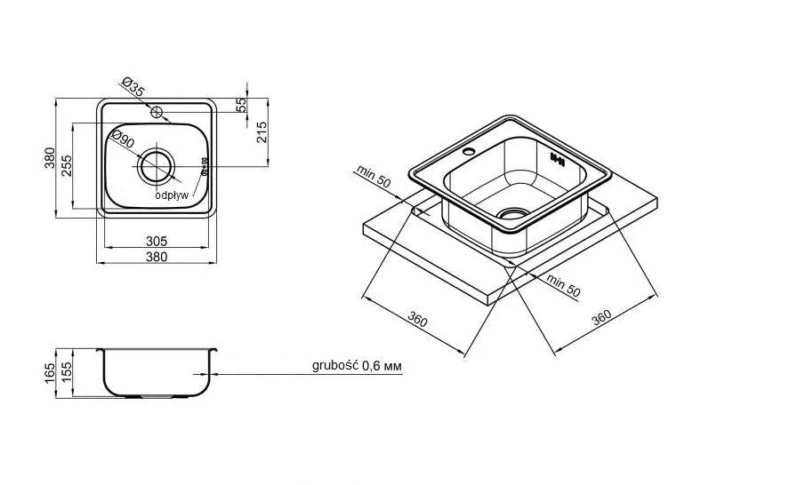 Stainless steel sink Satin 38x38x16 cm