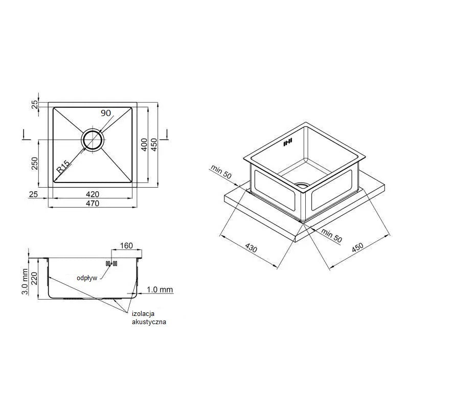 stainless steel kitchen sink size 47x45 with all dimensions 