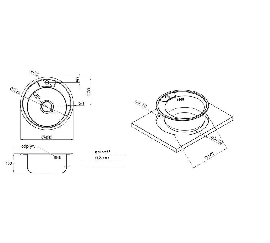 Stainless steel sink with Strainer and Trap 49x16 cm