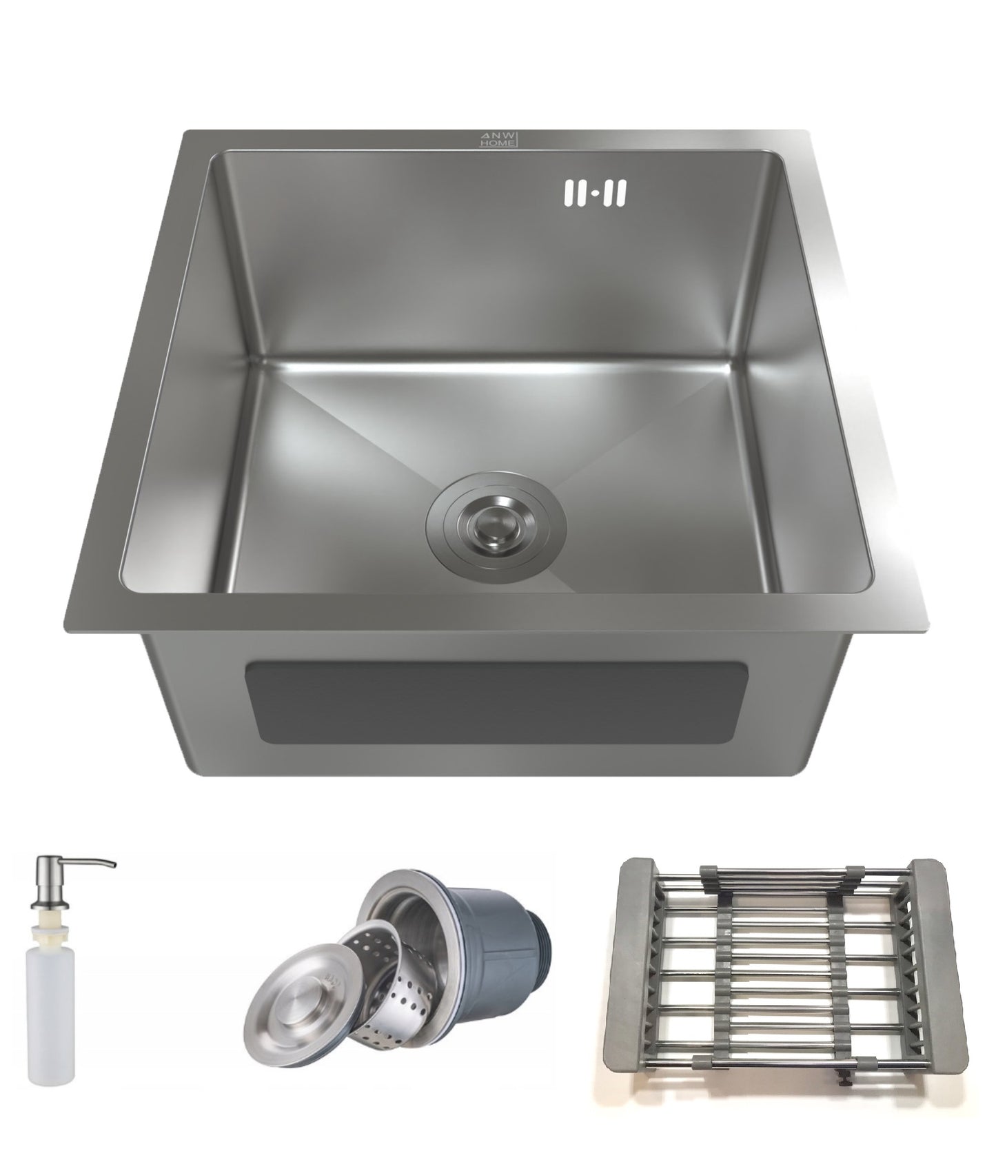 Stainless steel kitchen sink color  silver size 47x45 complete with strainer trap soap dispenser busket