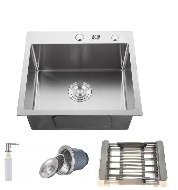 stainless steel kitchen sink color silver size 50x45 complete with strainer trap soap dispenser stainless steel sink rack