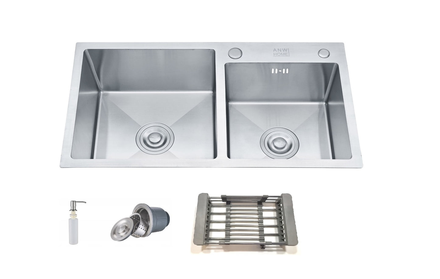 stainless steel double bowl sink color silver size 78x43 complete with strainer trap soap dispenser busket